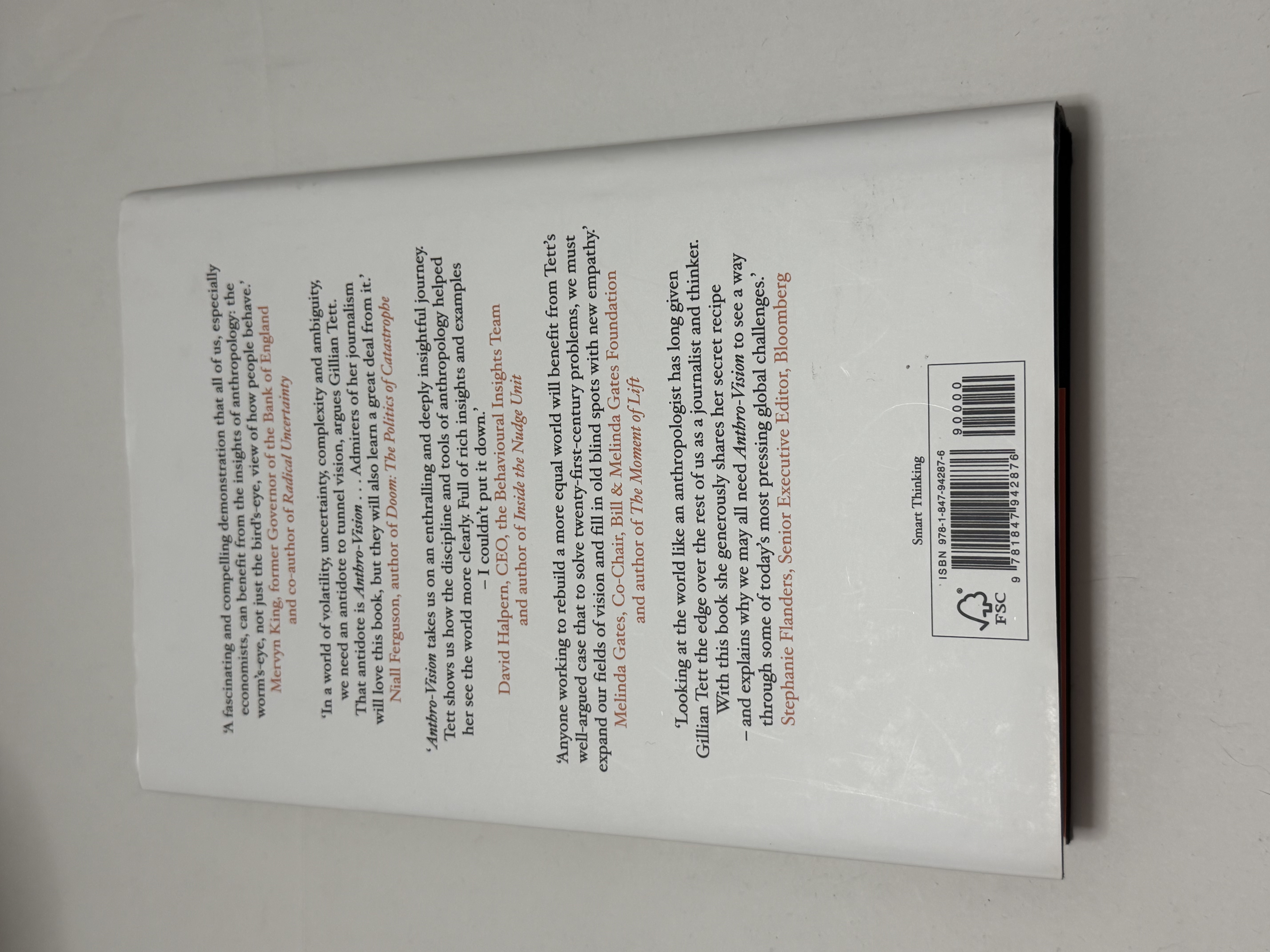 Back cover of Anthro-Vision by Gillian Tett showing the ISBN-13 barcode and 13-digit number 978-1-847942876 printed below it