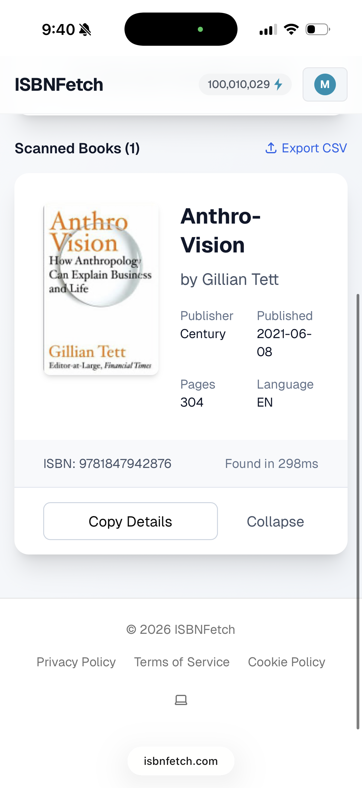 ISBNFetch full result card for Anthro-Vision showing publisher, publication date, page count, language, and found in 298ms