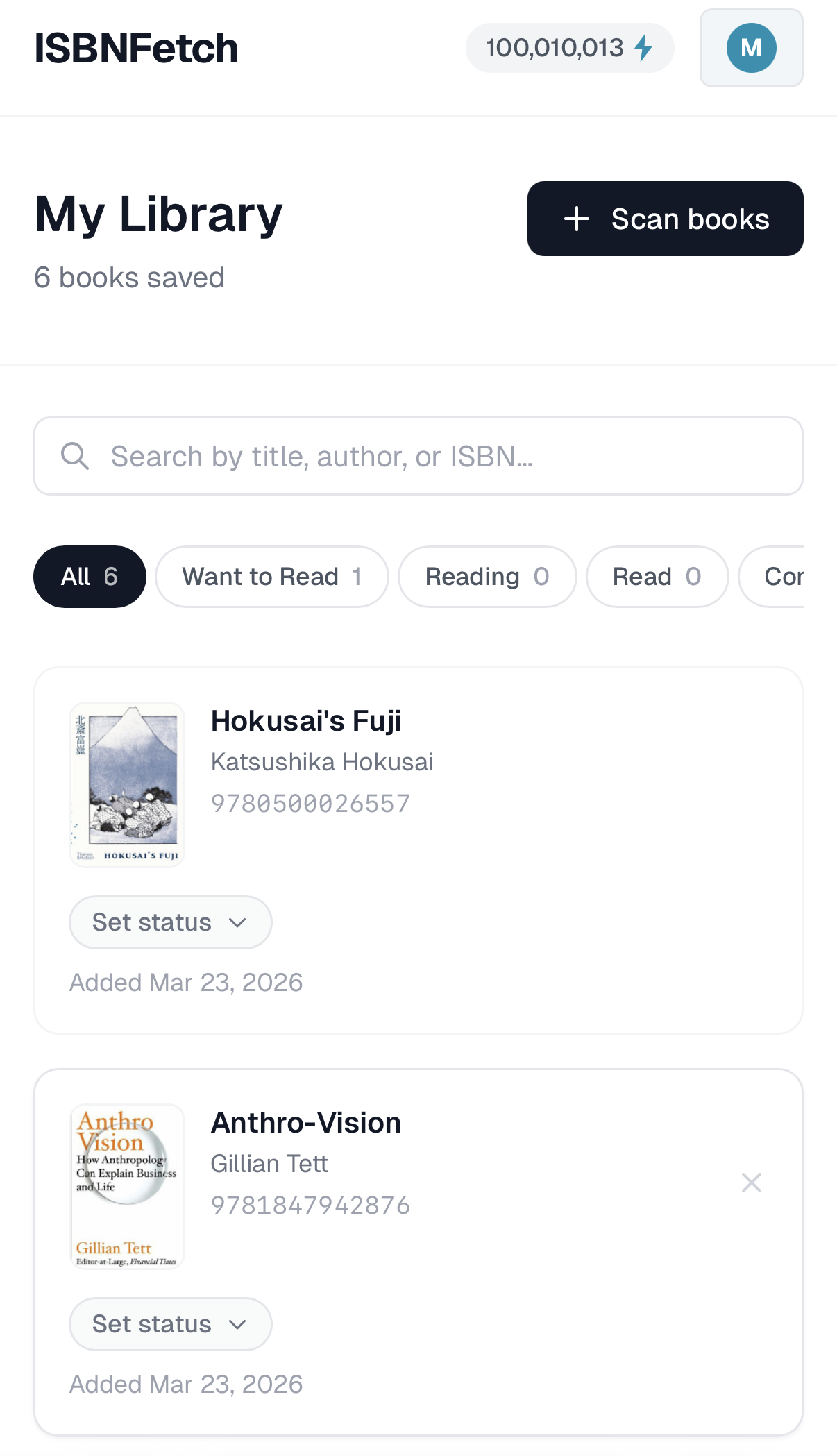 ISBNFetch personal library showing 6 books saved — Hokusai's Fuji and Anthro-Vision visible — with filter tabs for Want to Read, Reading, Read, and Completed